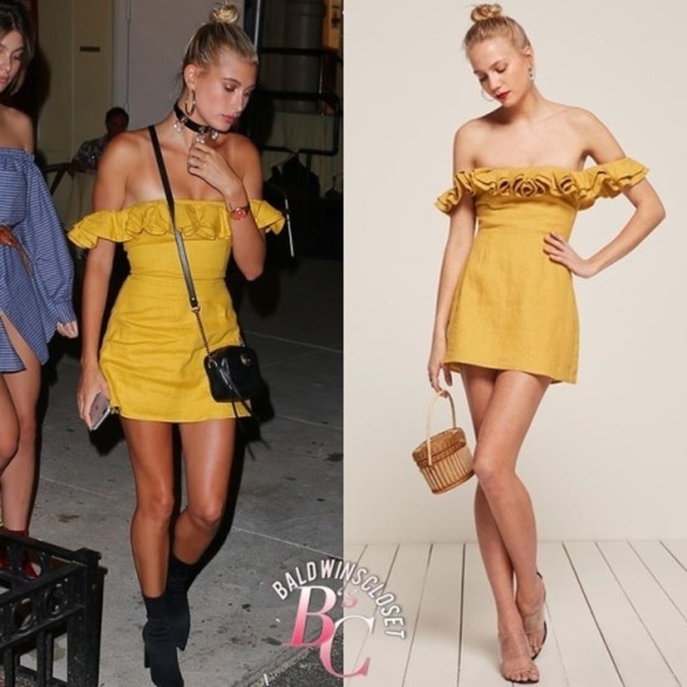Reformation Coral Dress in Mustard